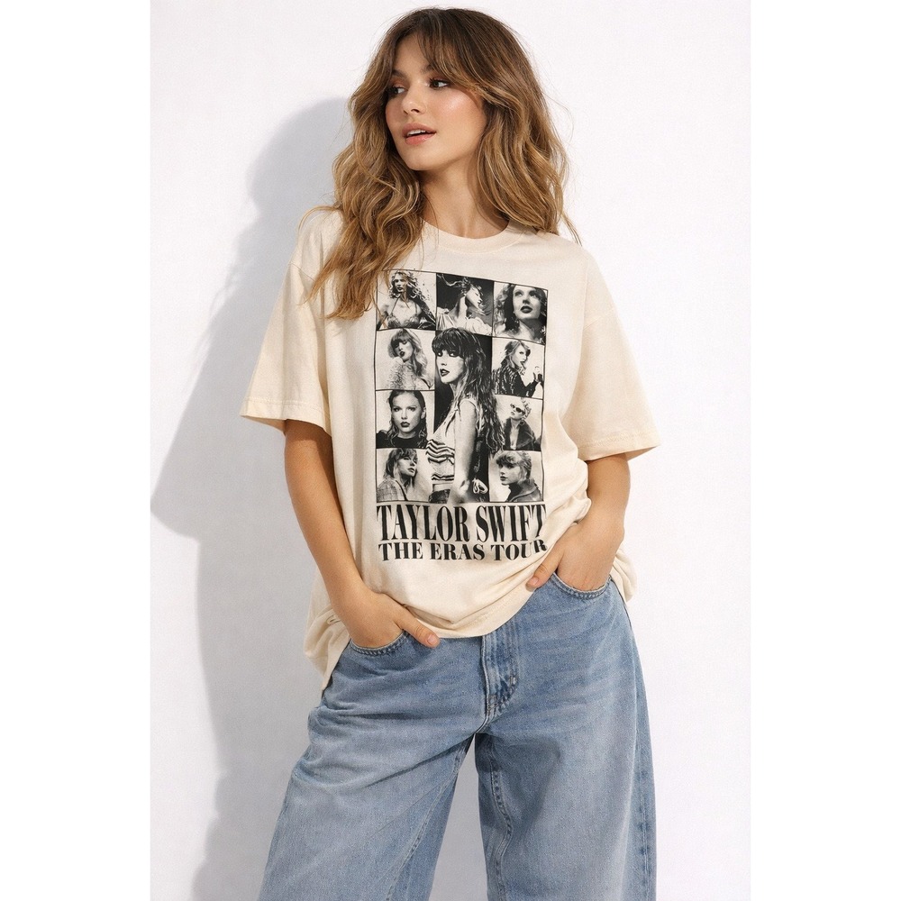 Taylor Swift Eras Tour Official Graphic T-Shirt Cotton Tee Beige Black Small